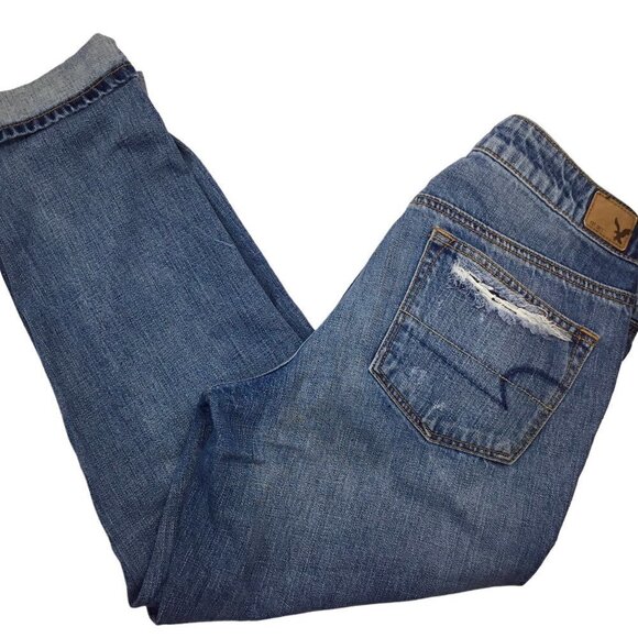 American Eagle Boy Crop Jeans Size 6 Regular Distressed Blue Denim Button Fly - Picture 5 of 8